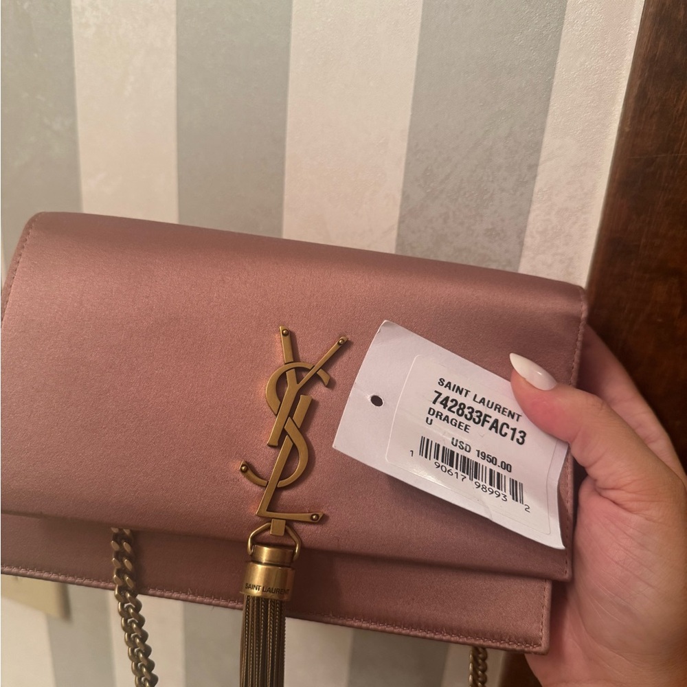 AUTHENTIC Saint Laurent YSL Kate Tassel Chain Bag Satin Dragee Pink Small NWT - Picture 16 of 16